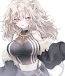 1girl absurdres ahoge animal_ears bare_shoulders belt blush breasts earrings eyebrows_visible_through_hair fur-trimmed_jacket fur_trim grey_eyes grey_hair hair_between_eyes hand_up highres hololive jacket jewelry large_breasts lion_ears lion_girl long_hair looking_at_viewer midriff myumyutain navel necklace open_mouth shirt shishiro_botan skirt sleeveless sleeveless_shirt solo virtual_youtuber 