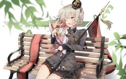  1girl absurdres aqua_eyes belt bench black_skirt bouquet c-93_(girls_frontline) character_name eyebrows_visible_through_hair flag flower girls_frontline grey_hair gun hat highres looking_away medium_hair military military_hat military_uniform one_eye_closed open_mouth sakippo_(sakippo0) sitting sitting_on_bench skirt smile solo uniform weapon white_background 