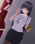  1girl against_wall alternate_hairstyle bangs black_hair black_legwear black_skirt blunt_bangs breast_pocket breasts can canned_coffee cellphone character_name coffee collar collarbone collared_shirt dress_shirt english_text eyebrows_visible_through_hair hair_down highres holding holding_can holding_phone idolmaster idolmaster_shiny_colors lanyard long_hair mayuzumi_fuyuko moriyama_a nail_polish name_tag older pantyhose pen pencil_skirt phone pocket red_eyes screen_light shirt skirt sleeves_rolled_up small_breasts smartphone solo trash_can vending_machine white_collar white_shirt 