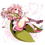  1girl artist_name bloomers closed_mouth commentary_request detached_sleeves eyebrows_visible_through_hair floating floating_hair flower food green_sash hair_flower hair_ornament high_heels knees_up leaf long_hair looking_at_viewer murasaki_daidai_etsuo original personification petals pink_footwear pink_hair sakura_mochi sash socks solo striped striped_legwear tied_hair twitter_username underwear wagashi white_background yellow_eyes 