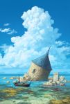  1girl boat commentary cumulonimbus_cloud day highres kosian ocean original outdoors ruins scenery shallow_water sky tower water watercraft 