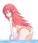  1girl ass ball beachball bikini blue_eyes blush breasts closed_mouth cougar1404 earrings jewelry long_hair looking_at_viewer orange_bikini partially_submerged pointy_ears redhead rune_factory rune_factory_3 simple_background solo swimsuit toona white_background 