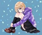  1girl black_legwear black_skirt blue_background blush brown_eyes brown_footwear closed_mouth commentary_request full_body hood hood_down kneehighs leg_hug light_brown_hair original pleated_skirt purple_hoodie shoes short_hair signature sitting sketch skirt solo sugano_manami 