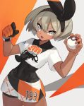  1girl bangs black_bodysuit black_hairband blush bodysuit bodysuit_under_clothes chorefuji collared_shirt commentary covered_navel cowboy_shot dynamax_band gloves grey_eyes grey_hair gym_leader hair_between_eyes hairband hands_up holding holding_poke_ball poke_ball poke_ball_(basic) pokemon pokemon_(game) pokemon_swsh print_shirt print_shorts saitou_(pokemon) shirt short_hair short_sleeves shorts single_glove solo tied_shirt 