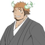  1boy alternate_costume animal_ears bangs beard brown_hair facial_hair forked_eyebrows glowing_horns highres horns japanese_clothes kimono looking_at_viewer male_focus one_eye_closed porkjinta smile solo thick_eyebrows tokyo_houkago_summoners upper_body wakan_tanka white_background 