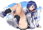  1girl arm_support blue_hair fang hood hoodie legs_up looking_at_viewer nijisanji nishizono_chigusa nuezou panties red_eyes shoes sitting smile sneakers solo thick_thighs thighs underwear virtual_youtuber white_background white_panties 