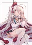  1girl :d ahoge azur_lane blush cape crown fur-trimmed_cape fur_trim hakuya_(white_night) highres holding long_hair looking_at_viewer open_mouth red_eyes ribbon silver_hair smile solo thigh-highs twintails valiant_(azur_lane) very_long_hair white_legwear zettai_ryouiki 