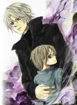  2boys blonde_hair darius_shan father_and_son hug jacket looking_back multiple_boys platinum_blonde_hair short_hair skn_nks steve_leonard the_saga_of_darren_shan traditional_media turtleneck watercolor_(medium) 