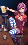  1girl akairiot alcohol arm_behind_back bar bar_stool beer beer_can beer_mug breasts brown_eyes can cheering commentary cup doubutsu_no_mori drunk highres looking_at_viewer medium_breasts mug no_pants pink_hair shirt short_hair sitting solo stool symbol_commentary t-shirt thigh-highs villager_(doubutsu_no_mori) 