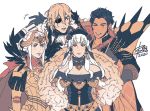  2boys 2girls armor blonde_hair brown_hair claude_von_riegan closed_mouth dark_skin dark_skinned_male dimitri_alexandre_blaiddyd dress earrings edelgard_von_hresvelg eyepatch fake_horns fire_emblem fire_emblem:_three_houses fire_emblem_heroes fur_trim gloves hair_ornament hat headpiece horns jewelry long_hair lysithea_von_ordelia multiple_boys multiple_girls one_eye_closed open_mouth short_hair simple_background upper_body white_background white_hair yuujin_eri 