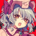  1girl bangs bat_wings blue_hair bow brooch commentary_request fang hat hat_bow jewelry kyouda_suzuka medium_hair mob_cap open_mouth pink_headwear pink_shirt pointy_ears portrait purple_bow purple_neckwear red_background red_eyes remilia_scarlet shirt solo touhou wings 