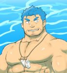  1boy abs bara blue_eyes blue_hair brown_hair chest facial_hair highres male_focus manly muscle pectorals simple_background smile solo tokyo_houkago_summoners triton_(tokyo_houkago_summoners) upper_body water yanutorie 