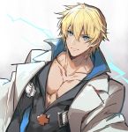  1boy belt blonde_hair blue_eyes closed_mouth collarbone cross guilty_gear guilty_gear_strive jacket ky_kiske lightning lightning_bolt oro_(sumakaita) pectorals short_hair simple_background solo upper_body v-neck white_jacket 