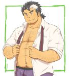  1boy bara black_hair bulge chest chest_hair cigarette facial_hair male_focus manly mononobe_kyoma_(tokyo_houkago_summoners) multicolored_hair muscle pectorals simple_background solo tokyo_houkago_summoners undressing upper_body white_hair yanutorie 