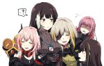  5girls ? bangs black_coat black_hair blonde_hair blush breast_lift breast_pillow breasts brown_eyes closed_eyes coat dinergate_(girls_frontline) dress eyebrows_visible_through_hair eyepatch girls_frontline gloves grabbing green_hair grey_hair head_on_chest headset heterochromia highres id_card jacket lanyard lix long_hair m16a1_(girls_frontline) m16a1_(girls_frontline)_(boss) m4_sopmod_ii_(girls_frontline) m4a1_(girls_frontline) megaphone mod3_(girls_frontline) mole mole_under_eye multicolored_hair multiple_girls off_shoulder pink_hair ponytail pouch purple_hair red_eyes redhead ro635_(dinergate) ro635_(girls_frontline) sangvis_ferri scar shirt sidelocks silver_hair sleeveless st_ar-15_(girls_frontline) streaked_hair surprised sweatdrop sweater sweater_dress turtleneck turtleneck_sweater white_background white_hair yellow_eyes yellow_jacket yuri 