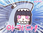  1girl architect_(girls_frontline) black_hair blush chibi chuo8008 commentary_request emphasis_lines eyebrows_visible_through_hair face girls_frontline korean_commentary korean_text sangvis_ferri shark_costume solo translation_request triangle_mouth twitter_logo twitter_username violet_eyes 