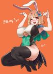  1girl animal_ears armpits asanagi bangs black_legwear blonde_hair blush breasts bunny_pose capelet english_commentary full_body hair_ornament huge_breasts indie_virtual_youtuber no_shoes nose_blush o-ring one_eye_closed open_mouth orange_background orange_eyes rabbit_ears short_hair signature simple_background sleeveless solo thigh-highs thighs twitter_username under_boob underboob_cutout upper_teeth virtual_youtuber 