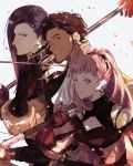  1girl 2boys black_gloves bow_(weapon) brown_hair claude_von_riegan closed_mouth dark_skin dark_skinned_male earrings fire_emblem fire_emblem:_three_houses gloves green_eyes grin hilda_valentine_goneril holding holding_bow_(weapon) holding_weapon jewelry long_hair lorenz_hellman_gloucester multiple_boys pink_eyes pink_hair ponytail purple_hair red_gloves rschclg short_hair smile upper_body violet_eyes weapon 