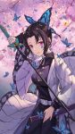  1girl animal_print belt brown_hair bug butterfly butterfly_hair_ornament butterfly_print cherry_blossoms hair_ornament highres holding holding_sword holding_weapon insect japanese_clothes katana kimetsu_no_yaiba kochou_shinobu long_coat ruru-chan scabbard sheath solo sword uniform violet_eyes weapon 