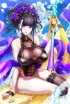  1girl absurdres banana_boat bangs bare_shoulders black_legwear black_swimsuit blue_sky blush breasts fate/grand_order fate_(series) flower hair_flower hair_ornament hair_up highleg highleg_swimsuit highres huge_filesize large_breasts long_hair looking_at_viewer murasaki_shikibu_(fate) murasaki_shikibu_(swimsuit_rider)_(fate) nez-box one-piece_swimsuit open_mouth single_thighhigh sitting sky swimsuit thigh-highs thighs tied_hair violet_eyes water 