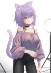  1girl :3 alternate_costume animal_ear_fluff animal_ears bangs black_pants bra_strap breasts cat_ears cat_girl cat_tail closed_mouth collar collarbone cowboy_shot eyebrows_visible_through_hair hair_between_eyes hololive long_sleeves looking_at_viewer medium_breasts nekomata_okayu off-shoulder_shirt off_shoulder pants puffy_long_sleeves puffy_sleeves purple_hair purple_shirt shirt short_hair simple_background solo syhan tail violet_eyes virtual_youtuber white_background 