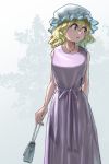  1girl 5alive bag bangs blonde_hair commentary_request dress hair_between_eyes handbag hat highres jewelry lavender_dress looking_to_the_side maribel_hearn mob_cap necklace short_hair sleeveless sleeveless_dress solo standing touhou violet_eyes wavy_hair 