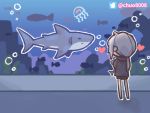  1girl aquarium chibi chuo8008 commentary_request from_behind full_body girls_frontline grey_hair heart jellyfish korean_commentary m200_(girls_frontline) shark standing twitter_logo twitter_username 