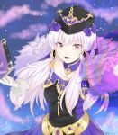  1girl book dress fire_emblem fire_emblem:_three_houses fire_emblem_heroes fur_trim gloves hair_ornament hat highres holding holding_book long_hair lysithea_von_ordelia open_mouth parara_2 pink_eyes solo twitter_username upper_body white_gloves white_hair 