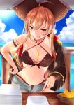  1girl ahoge arm_strap azur_lane between_breasts bikini black_bikini black_jacket blue_shorts blue_sky breasts brown_hair clouds coin collarbone commentary_request cutoff_jeans cutoffs day denim denim_shorts hair_between_eyes hand_on_hip hat jacket jean_bart_(azur_lane) jean_bart_(secret_afternoon)_(azur_lane) large_breasts long_hair micro_shorts ocean open_mouth outdoors paper pirate_hat shorts single_bare_shoulder sky solo swimsuit table tottoripiyo very_long_hair violet_eyes 