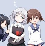  3girls :d ;o arms_behind_back bangs black_hair black_skirt blue_background blue_jacket blue_neckwear blue_ribbon blue_sailor_collar blush breasts brown_eyes brown_hair closed_mouth eila_ilmatar_juutilainen eyebrows_visible_through_hair green_eyes hair_between_eyes hair_ribbon half-closed_eye hand_up hattori_shizuka highres jacket kuena long_sleeves medium_breasts miyafuji_yoshika multiple_girls neckerchief one_eye_closed open_mouth parted_bangs parted_lips pillow pillow_hug pleated_skirt ponytail red_eyes ribbon sailor_collar shirt short_sleeves silver_hair simple_background skirt sleepy smile strike_witches white_shirt world_witches_series 