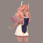  1girl :d absurdres bead_necklace beads braid brown_eyes claws concept_art copyright_request dark_skin grey_background hair_ornament hand_up highres horns jewelry long_hair necklace open_mouth pink_hair pointy_ears seashell shell skirt smile standing twin_braids waifubot white_skirt 