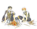  2boys brown_hair fire firewood fish jacket jacket_on_shoulders kobutya4696 larten_crepsley male_focus multiple_boys open_clothes open_jacket redhead roasting short_hair sitting smile the_saga_of_darren_shan the_saga_of_larten_crepsley vest wester_flack younger 