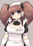  1girl alternate_costume apron atlanta_(kantai_collection) black_dress breasts brown_hair dress earrings enmaided gloves grey_eyes highres jewelry kantai_collection large_breasts long_hair maid maid_apron maid_dress maid_headdress puffy_short_sleeves puffy_sleeves short_sleeves simoyuki single_earring solo star_(symbol) star_earrings two_side_up upper_body white_apron white_gloves 