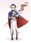  1girl absurdres artoria_pendragon_(all) artoria_pendragon_(caster) black_footwear blonde_hair bohe_liang_you cloak fate/grand_order fate_(series) green_eyes hat highres loafers long_hair looking_at_viewer petals rose_petals shoes solo staff white_background 