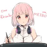  1girl bangs bare_shoulders braid breast_rest breasts character_name drawing drawing_tablet facing_viewer headphones headphones_around_neck holding holding_pen kingyozaka_meiro large_breasts nijisanji off_shoulder open_mouth pen pink_hair shimaji_noma shirt short_hair simple_background solo upper_body virtual_youtuber white_background white_shirt 