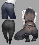  ass belt black_belt black_footwear black_pants black_vest grey_background highres kneeling long_sleeves lower_body male_focus multiple_views original pants segu_ishida shirt simple_background vest white_shirt 