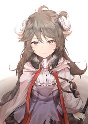  1girl ahoge arknights bangs dress eyjafjalla_(arknights) goggles grey_eyes grey_hair highres horns kiyakyuu long_hair long_sleeves looking_at_viewer parted_lips purple_dress sheep_horns smile solo upper_body white_background 