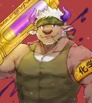  1boy animal_ears bara brown_hair chest chest_hair cow_boy cow_ears cow_horns facial_hair furry horns male_focus manly muscle oversized_object pectorals purple_horns shennong_(tokyo_afterschool_summoners) simple_background solo syringe tank_top tokyo_houkago_summoners upper_body violet_eyes white_hair yanutorie 