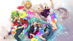  4girls aqua_eyes black_choker black_footwear blonde_hair blue_hair blue_jacket boots bow braid choker collared_shirt commentary_request drum drum_set drumsticks flats green_eyes green_hair guitar gumi hair_between_eyes hair_bow hair_ornament hairclip hatsune_miku holding holding_instrument ia_(vocaloid) instrument jacket jewelry kagamine_rin keyboard_(instrument) long_hair looking_at_viewer matsuda_toki multiple_girls music open_clothes open_jacket open_mouth pendant playing_instrument purple_shirt purple_skirt red-framed_eyewear red_jacket red_skirt shirt short_hair short_sleeves side_braid sidelocks skirt t-shirt twin_braids twintails very_long_hair vocaloid white_bow white_hair white_shirt wing_collar 