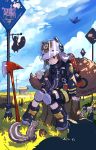  1girl animal_ears arknights axe backpack bag blue_sky boots fake_animal_ears fire_axe fire_extinguisher firefighter fluffy helmet highres jacket knee_pads nature road road_sign ruru-chan shaw_(arknights) sign sky smile squirrel squirrel_tail tail tree_stump 