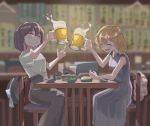  2girls 5alive alcohol bar beer beer_mug black_skirt blonde_hair brown_hair chair closed_eyes cup dress drunk edamame_(food) grin hat headwear_removed high-waist_skirt highres lavender_dress maribel_hearn mob_cap mug multiple_girls porkpie_hat shirt short_sleeves sitting skirt sleeveless sleeveless_dress smile table teeth touhou usami_renko white_shirt wooden_chair wooden_table 