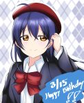  1girl argyle argyle_background beret birthday blue_hair blush dated hand_in_hair happy_birthday hat highres long_hair long_sleeves looking_to_the_side love_live! love_live!_school_idol_project neck_ribbon red_headwear ribbon smile solo sonoda_umi tsubuan_(in_taiyaki) yellow_eyes 