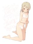  1boy blonde_hair blush brown_eyes bulge drill_hair genderswap genderswap_(ftm) idolmaster idolmaster_cinderella_girls kneeling lingerie morikubo_nono navel otoko_no_ko translated underwear underwear_only ushi white_background 