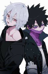  2boys ametaro_(ixxxzu) black_hair black_jacket black_shirt blue_eyes boku_no_hero_academia burn_scar cheek_piercing dabi_(boku_no_hero_academia) grey_hair highres hood hooded_jacket jacket male_focus mole mole_under_mouth multiple_boys multiple_scars red_eyes scar scar_on_face shigaraki_tomura shirt short_hair simple_background spiky_hair staple stapled white_background white_shirt wrinkled_skin 