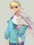  1girl angel_wings artist_request blonde_hair blue_eyes breasts breath_of_fire breath_of_fire_iv brooch closed_mouth dress hairband highres jewelry looking_at_viewer nina_(breath_of_fire_iv) pantyhose short_hair simple_background solo very_short_hair white_wings wings 