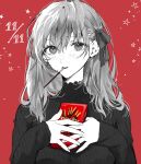  black_sweater blush eating fate/stay_night fate_(series) food hair_between_eyes hair_ribbon hand_on_own_chest highres holding holding_food long_sleeves looking_at_viewer matou_sakura open_mouth pocky red_background ribbon shimatori_(sanyyyy) short_hair simple_background star_(symbol) sweater 