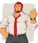  1boy alternate_costume bara beard belt chest denim facial_hair fate/grand_order fate/zero fate_(series) formal hand_on_hip iskandar_(fate) jeans male_focus manly muscle necktie pants red_eyes redhead smile solo toned toned_male yanutorie 