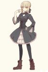  1girl alternate_costume artoria_pendragon_(all) black_bow blonde_hair boots bow braid brown_footwear fate/stay_night fate_(series) french_braid frilled_skirt frilled_sleeves frills gothic_lolita hair_bow hand_on_hip highres ishii_(wami5285) lolita_fashion pantyhose saber saber_alter skirt solo white_background wide_sleeves yellow_eyes 
