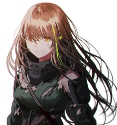  1girl arm_guards bad_id bad_twitter_id bangs brown_hair girls_frontline green_hair green_sweater hair_between_eyes headphones long_hair looking_at_viewer m4a1_(girls_frontline) mod3_(girls_frontline) multicolored_hair silence_girl skull_print solo streaked_hair sweater torn_clothes upper_body white_background yellow_eyes 