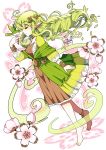  1girl anklet artist_name barefoot bird bird_on_hand brown_dress cherry_blossoms circlet closed_eyes closed_mouth commentary_request dress flower from_side full_body green_hair highres jewelry leaf long_hair murasaki_daidai_etsuo original pointy_ears twitter_username 